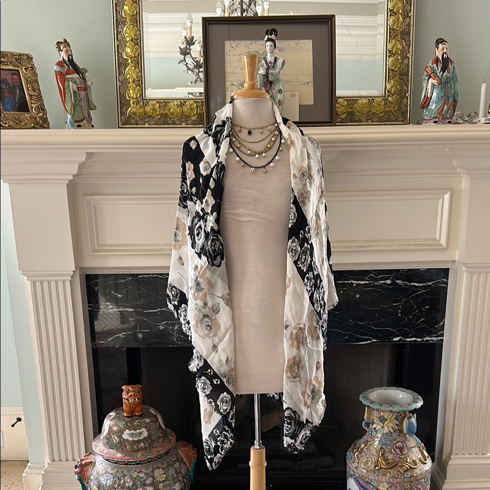 “Karl Lagerfeld” Floral Black, Beige And White Scarf, Shawl And/ Sarong